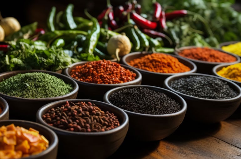 Dark wooden bowls in two rows full of dried herbs, spices, and seasonings.