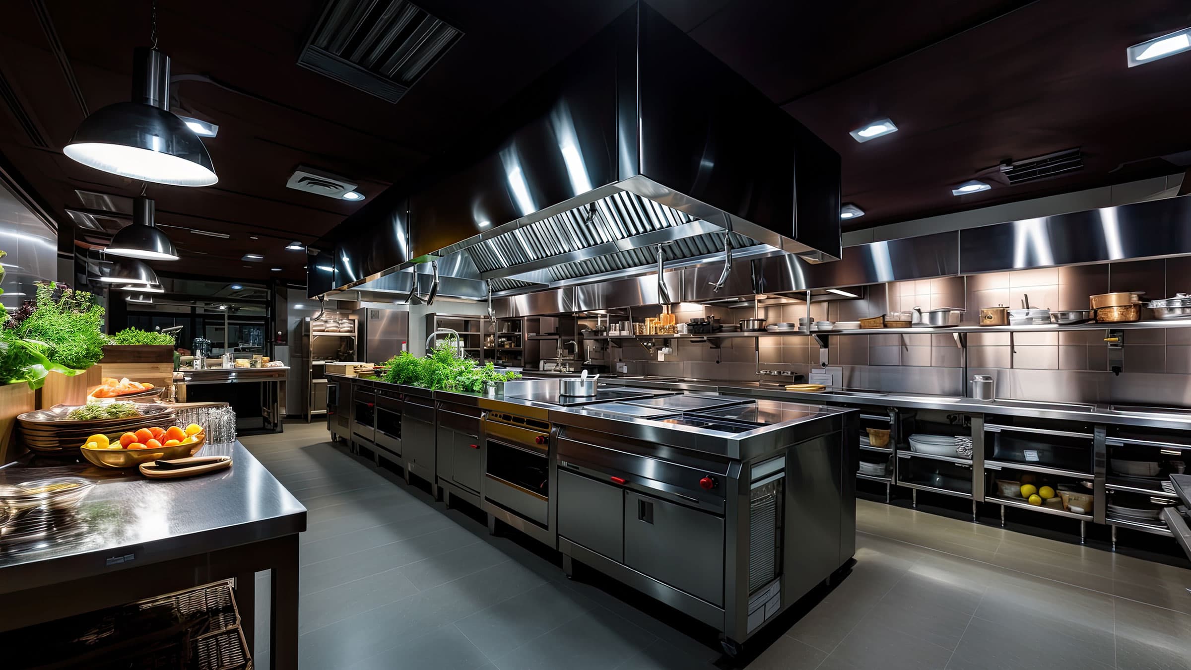 Bright industrial kitchen with expansive counters and cooking space, including fresh herbs and veggies.