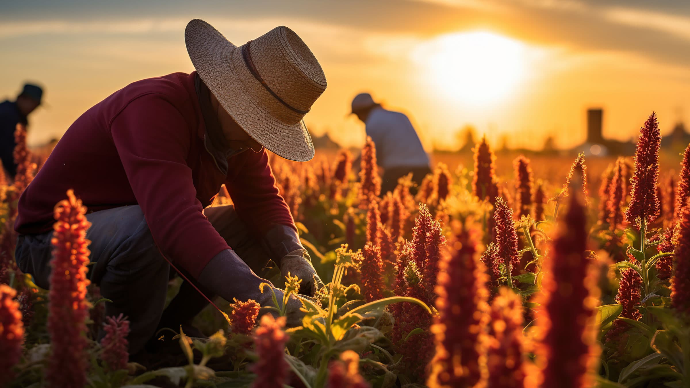 Grower tending to ripening quinoa in the field, backlit by a golden hour sunset.