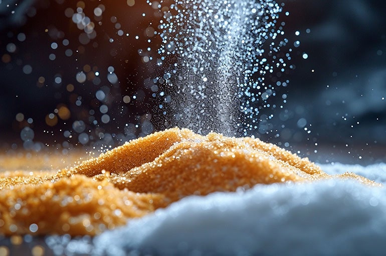 Golden and white varieties of sugars rains down to a pile of sweeteners.