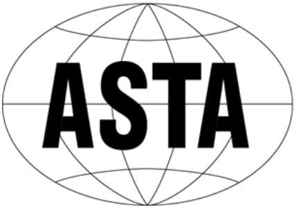 ASTA Logo, with the letters ASTA in bold print on a stylized circle evoking the horzontal and verticle lines on a globe.