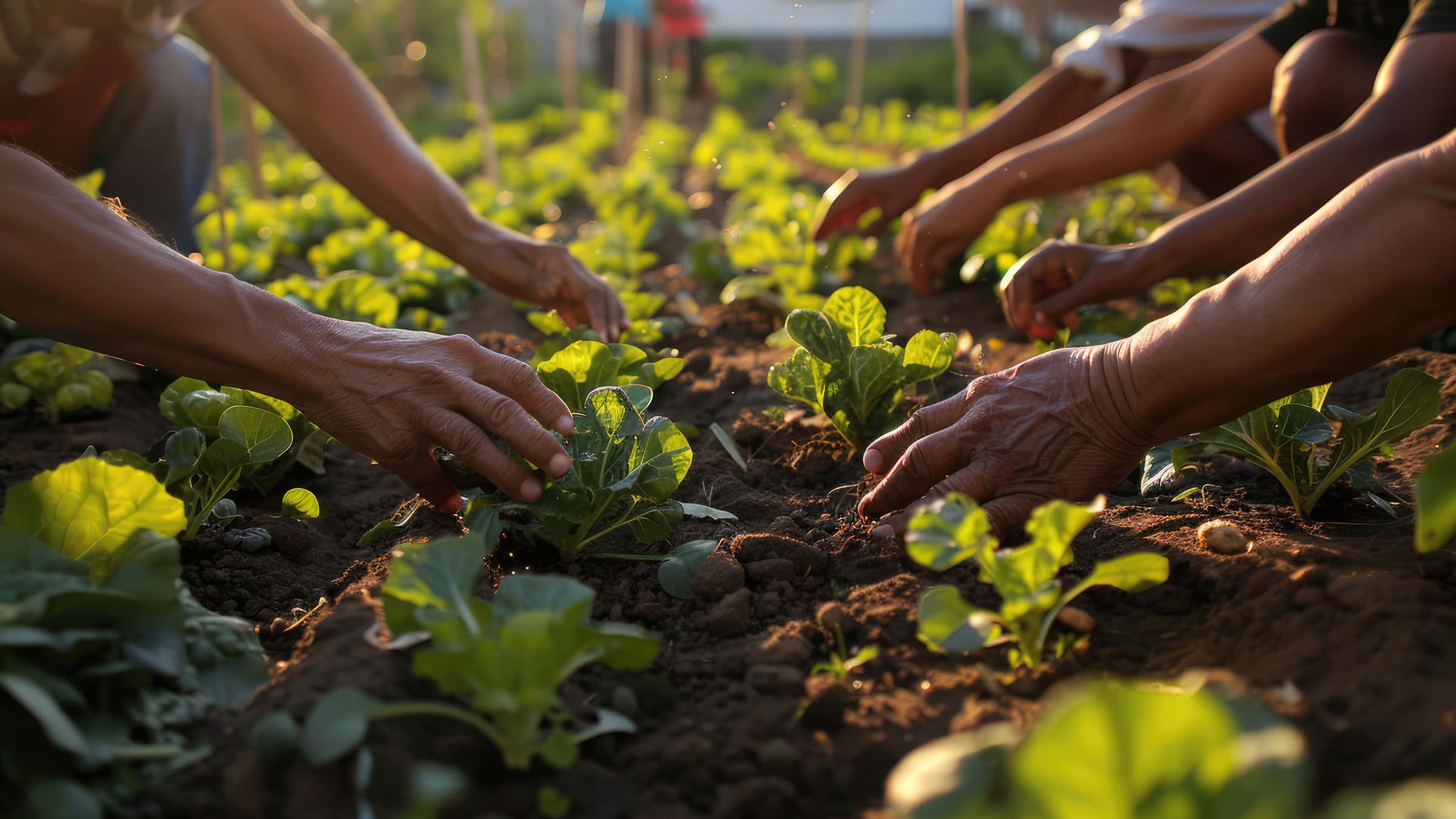 Growers tending plants growing in a field.