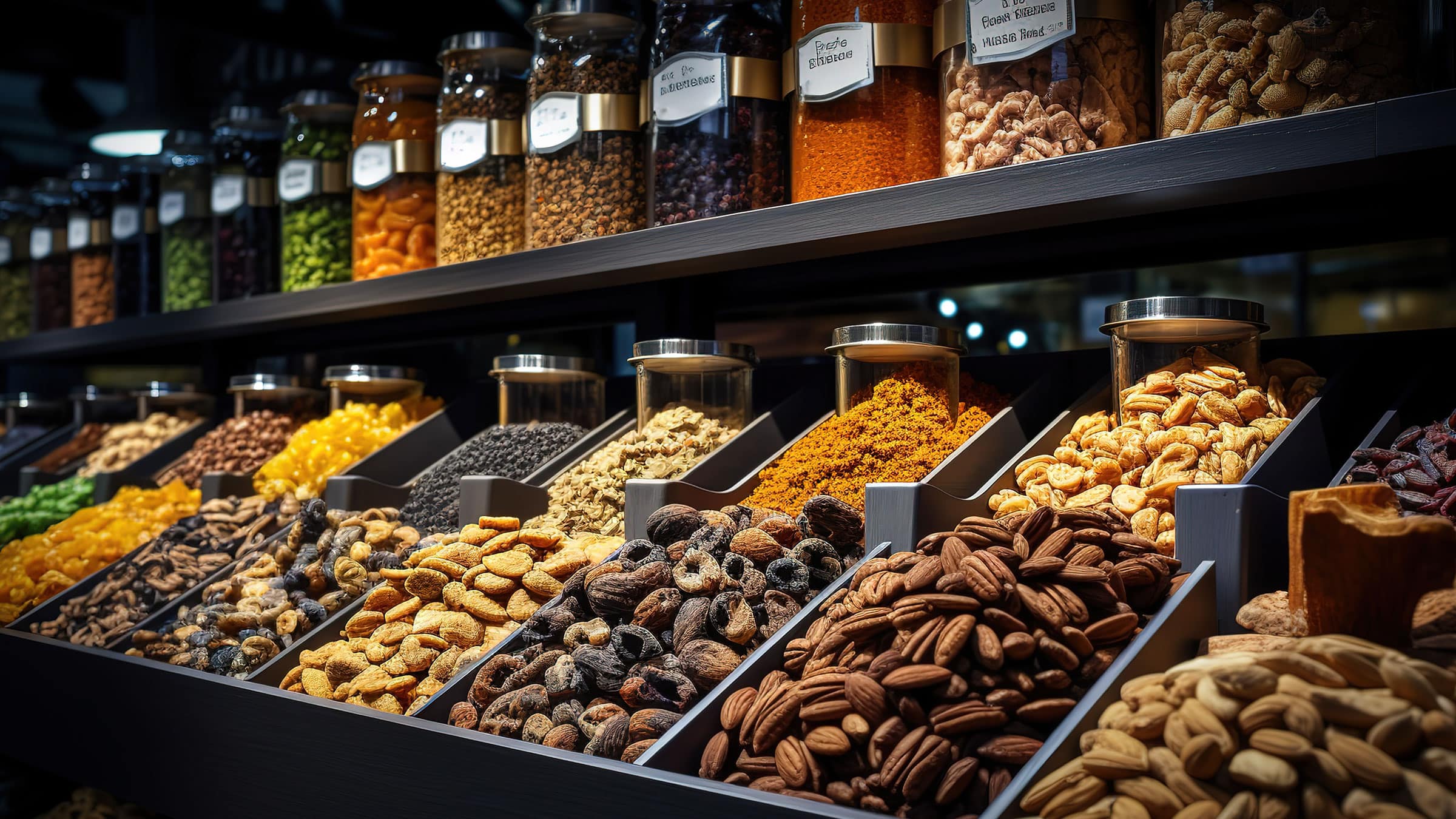 Brightly colored range of dried products on shelves displayed for retail, showing nuts, fruits, and other ingredients.