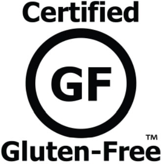 Certified Gluten Free Logo, a black circle around black letters GF with the words"Certified Gluten-Free™" framing the circle.