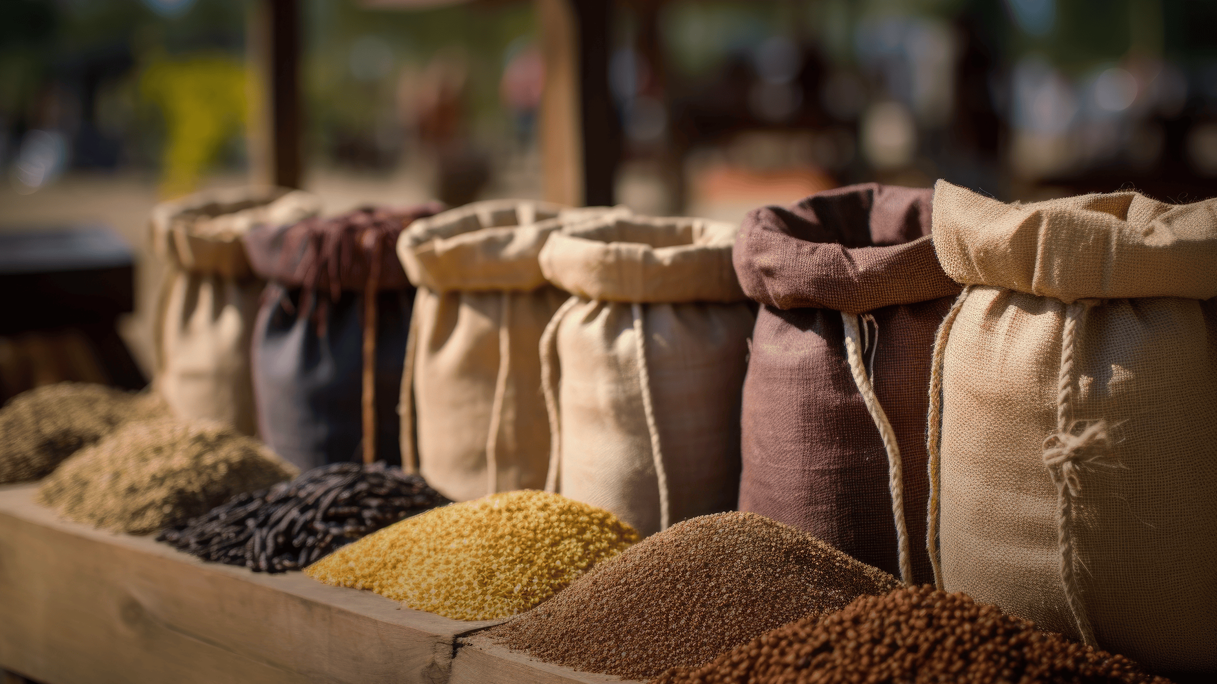 Variety of ancient grains in front of burlap bags showing a rainbow of colors and textures