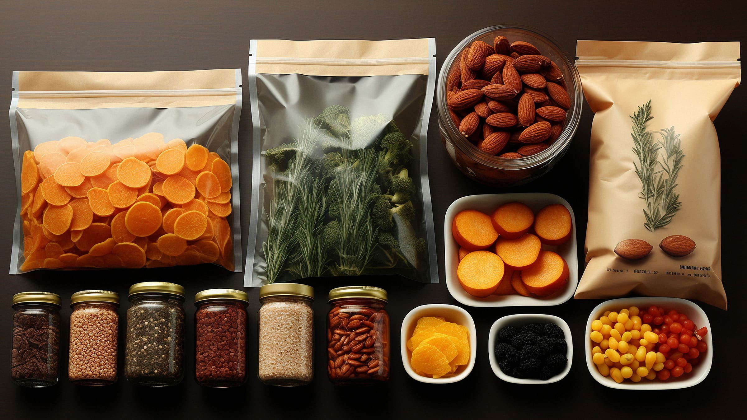 Nuts, spices and snack foods in individual packaging showing variety.