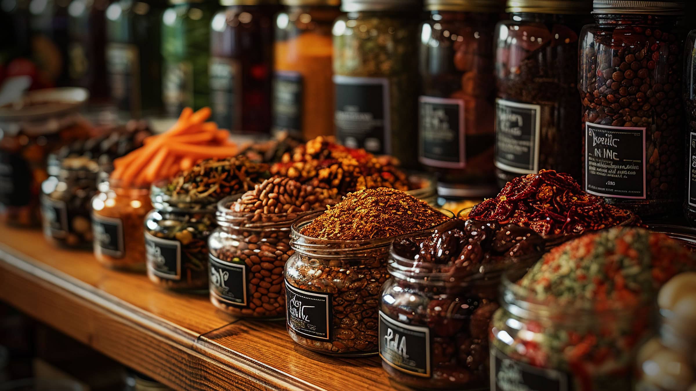 Jars of brightly colored ingredients including dried veggies, beans, peas, and lentils showing product diversity.