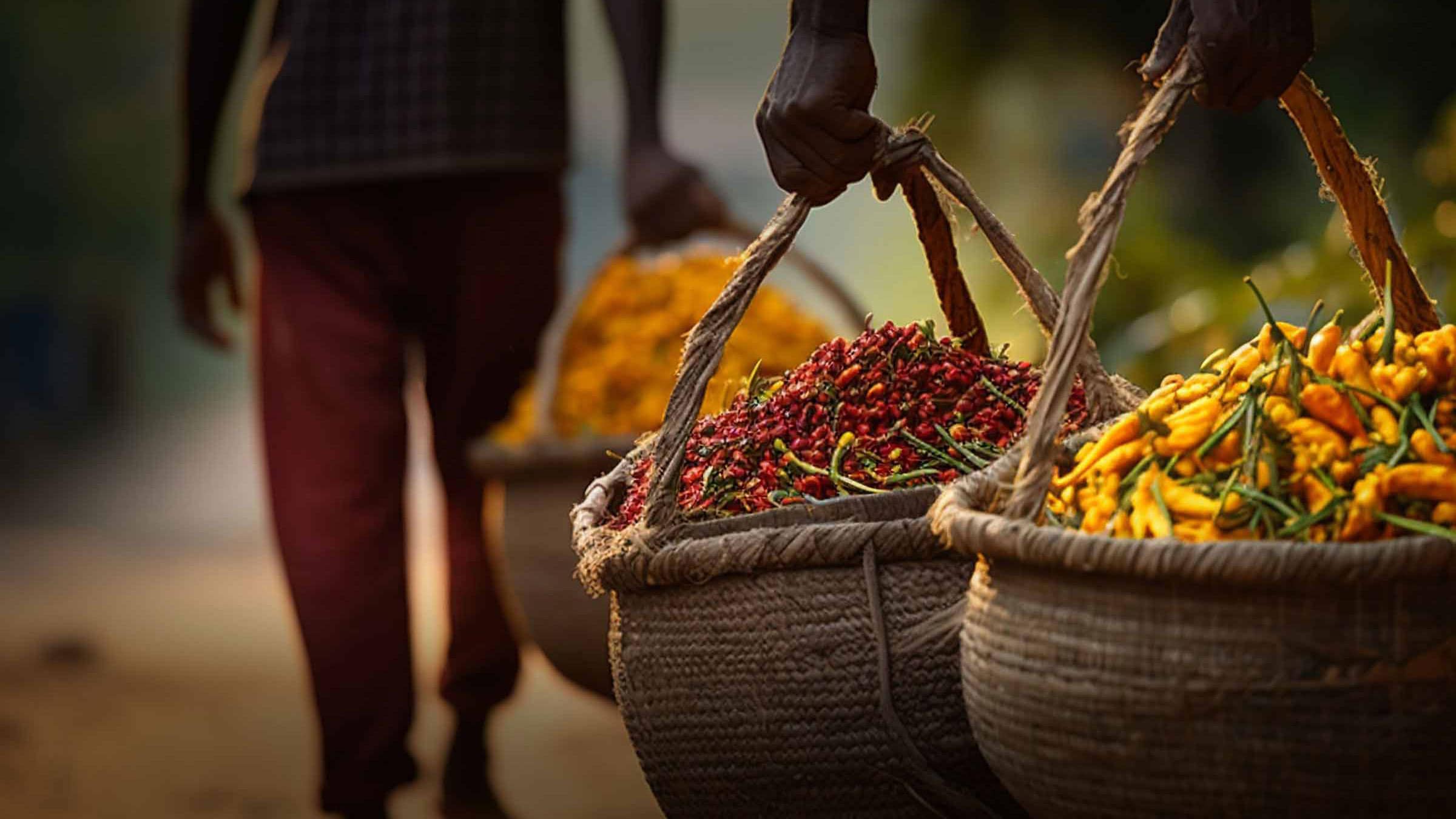 People carrying baskets of yellow peppers, red berries and other ingredients showing product diversity