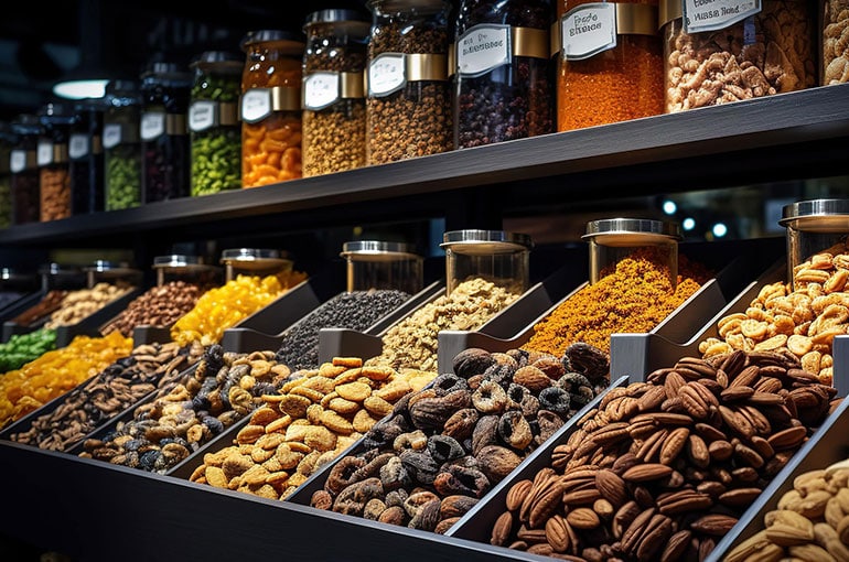 Brightly colored range of dried products on shelves displayed for retail, showing nuts, fruits, and other ingredients.